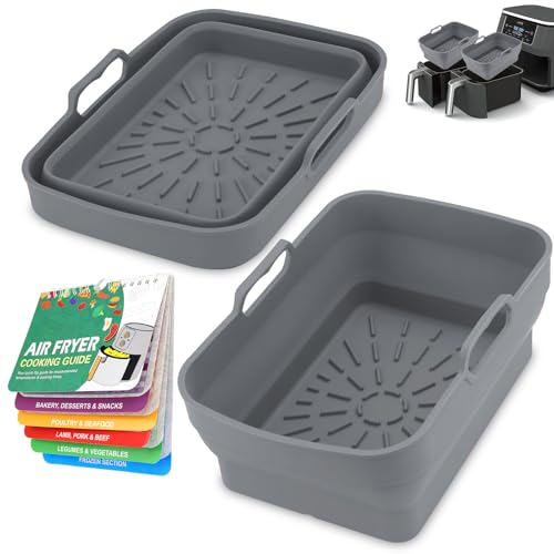 ddLUCK - 2 fodere in silicone per friggitrice ad aria Ninja AF451UK/SL400UK/Tower T17088/Tefal Dual 7,6-9,5L, ddLUCK 2 pezzi Airfryer, vassoio riutilizzabile pieghevole con libro di ricette magnetico