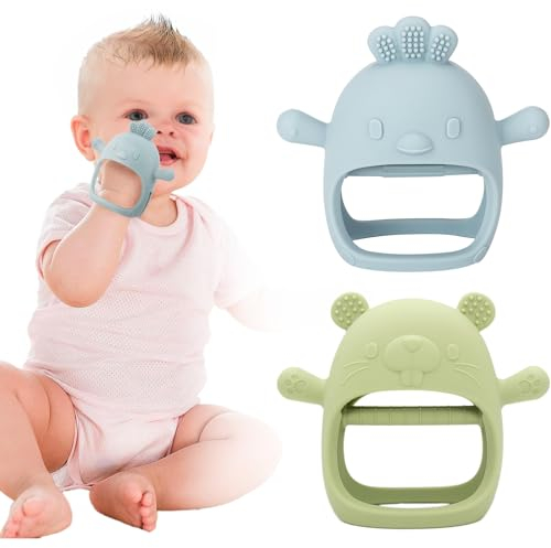 2 Stück Beißring Baby - Zahnungshilfe Beißspielzeug ab 0-12 Monate, Handschuh Beissring, Sensorisches Fäustling Beißspielzeug, Geschenke für Kleinkinder
