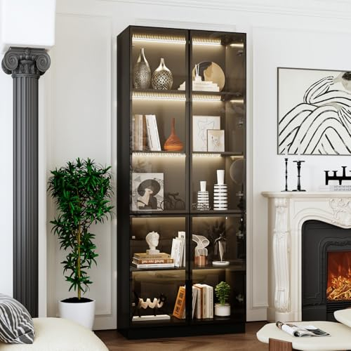Glasvitrine mit Beleuchtung, Sammelvitrine, Schaukasten Standvitrine, Glasvitrine in Schwarz,Vitrinenschrank Schwarz, Bücherschrank, Vitrine, 175.5*50*23cm, Gehärtetes Glas + Aluminiumrahmen