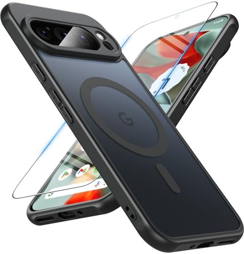 Hensinple Cover Magnetica per Google Pixel 9 Pro XL con Vetro Temperato, Compatibile con MagSafe, Custodia Traslucida Opaca Posteriore Resistente ai graffi TPU Bumper Antiurto Protettiva Case, Nero