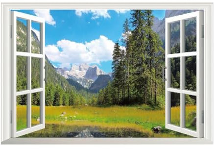 Adhesivo de pared 3D con vista de ventana falsa, paisaje de lago y montaña, calcomanía de pared para decoración del hogar, baño, sala de estar, dormitorio, A