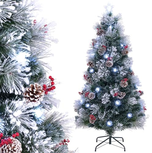 COSTWAY Albero di Natale Innevato 150/180 CM, con Fibra Ottica, 49/63 Luci LED, 8 Modalità di Illuminazione, 170/220 Punte di Rami, Ago di Pino, 18/24 Mazzi di Bacche Rosse e 18/24 Pigne (180 CM)