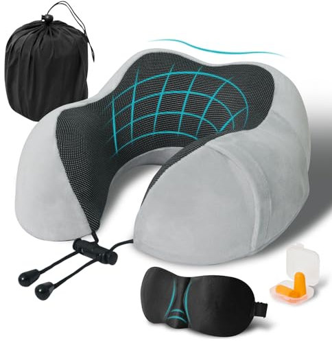Cuscino da Viaggio, Cuscino Aereo Viaggio Memory Foam, Cuscino Cervicale da Viaggio Travel Neck Pillow con Maschera per Dormire e Tappi per le Orecchie per L'ufficio Dell'auto Dell'aereo - Grigio