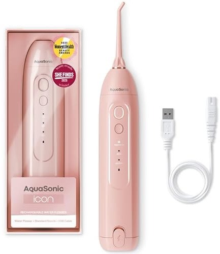 AquaSonic Icon Water Flosser for Teeth – Cordless Rechargeable Oral Irrigator – Waterproof, Portable Dental Cleaning with Jet Tip – Braces Home Travel - Blush