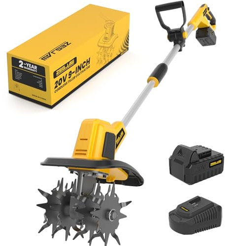 20V Cordless Electric Garden Tiller Cultivator, 9-Inch Tilling Width, 6.6-Inch Depth Rototiller for Soil Cultivation, Lawn, Gardening, Lightweight Tiller Includes 4.0Ah Battery and Charger