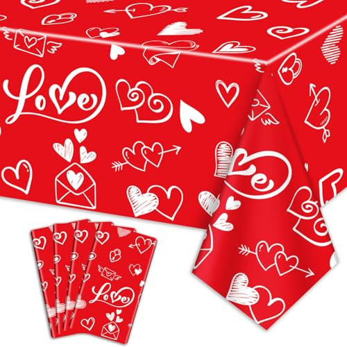 4er Pack Valentinstag Tischdecken, 220x130cm Rechteck Valentinstag Liebe Herz Tischdecke für Valentinstag Party Dekorationen Jubiläum Vorschlag Verlobung Hochzeiten Dekor, Rot
