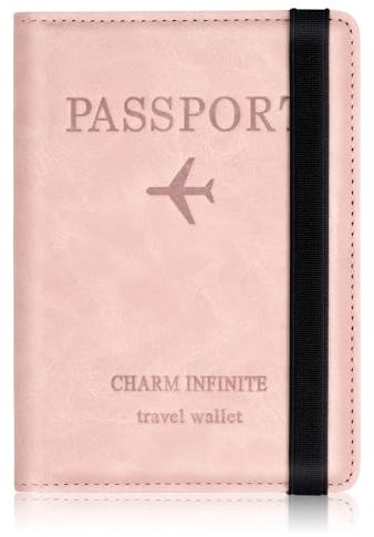 Shirene Porta Passaporto,Porta Passaporto da Viaggio,Custodia Passaporto in Pelle Pu Blocco RFID con Slot per Carte e Cinturino del Passaporto Coperture del Passaporto per Donne e Uomini Rosa