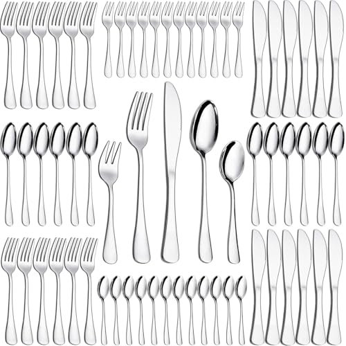 Juego de Cubiertos PionStar de 60 Piezas, Cuberterías Completa 12 Personas, Incluye Cuchillos, Tenedores Acero Inoxidable, Cucharas Soperas, Cucharas de Postre y Tenedores Pequeños