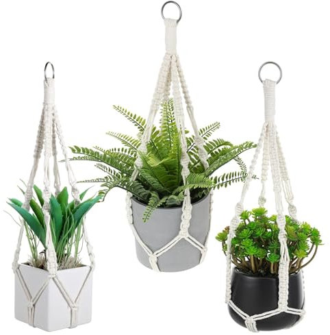 MUYAPAY 3 Pezzi Cesto Portafiori in Macramè Corda Forma Vaso, Fioriere Sospese in Macrame Cesto Portafiori in Corda Cotone Beige Decorazione Boho per Balcone Decorazioni da Giardino