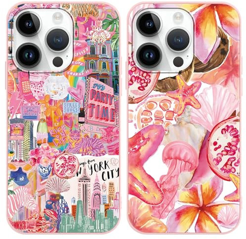 Foonary 2 Pack Pink Starfish Pomegranate Print Phone Case for iPhone 16 Pro 6.3,with Aesthetics Pattern Design Soft Silicone Cases,Shockproof Bumper Protector Cover,Girls Women for iPhone 16 Pro