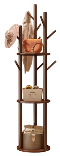 Simcat Freestanding Wooden Coat Rack 8 Hooks 3 Tier Storage Shelf Walnut | 8 Hooks For Hats Jackets Umbrellas, 3 Tier Storage Shelves, Freestanding Design For Bedroom Office Hallway