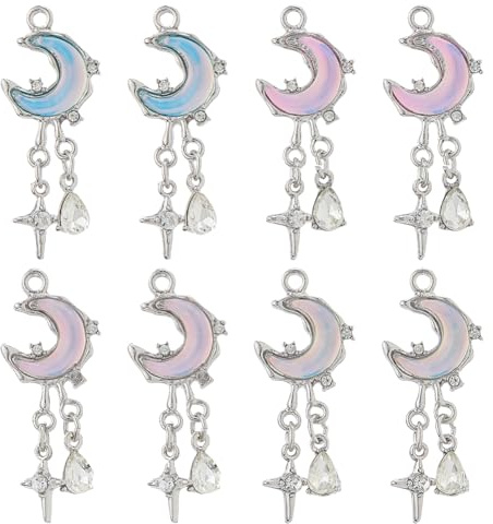 Hobbspring 8 Stück Kristallglas Anhänger 4 Farben Mond Und Sterne Legierungsanhänger Mond Tropfenanhänger Für Schmuck Halsketten Armbänder Ohrringe Basteln