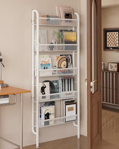 UMDONX Bücherregal gegen Wand | schmales 5 etagiges Metall Bücherregal, Leiterregal, multifunktional für enge Räume, Weiß（62 x 9 x 160 cm）