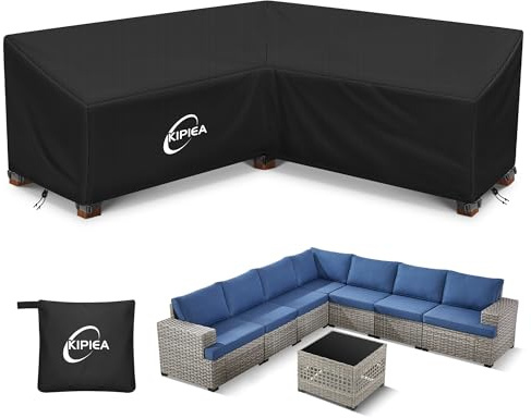 Kipiea L Shaped Garden Furniture Covers Waterproof, 500D Heavy Duty Oxford Fabric Outdoor Corner Sofa Cover Windproof, Garden Sofa Covers, Anti-UV, Ripstop, No Fading (V Shaped, 305x305x85x78cm)