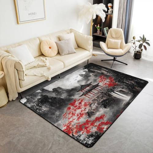 Homemissing Kinder Japanische Ukiyoe Teppich 150x200cm Silhouette Outdoor Teppich Jungen Mädchen Tinte Malerei Wohnzimmerteppich Japanischer Stil Teens Zimmer Dekor Weich Küchenteppich