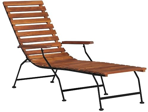 QJBSAVVA Liegestuhl aus massivem Akazienholz mit Stahlrahmen 58 x 160 x 100 cm Bequeme Gartenliege mit Armlehnen und Fußstütze Wetterbeständig für Terrasse Balkon und Strand