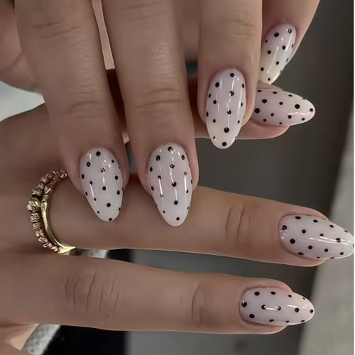 Auroriel 24 Stück Mandel Polka Dot Press On Nägel Weiß Schwarze Punkte Design Medium Vollcover Glänzend Acryl Künstliche Nägel Für Frauen