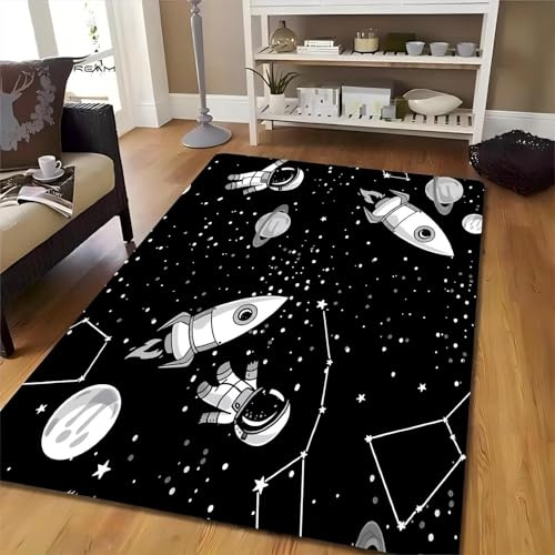 Kuluoits Galaxie Teppich fürs Wohnzimmer, 60x90cm, Sternenhimmel, Astronauten, Raketen, Sternbilder, Weltraum-Motiv, Großflächig, rutschfest, Waschbar, für Schlafzimmer und Eingangsbereich