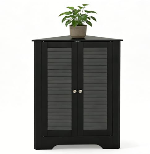 LIFEZEAL Eckschrank Bad, Badezimmerschrank mit Türen, Badschrank mit Verstellbarer Ablage, Unterschrank Beistellschrank für Badezimmer, Küche, Wohnzimmer (Schwarz)
