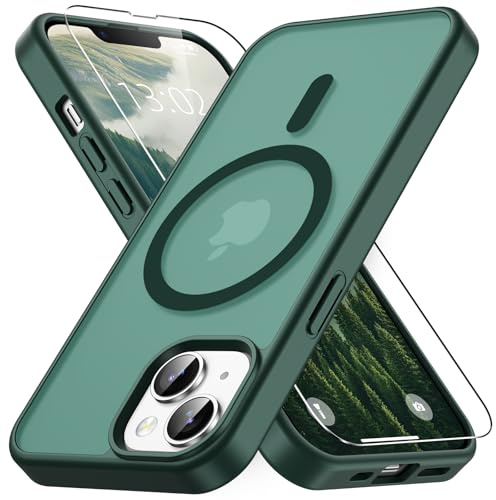 Vansdon Funda Magnética para iPhone 13 / iPhone 14-Verde Bosque | 1 Cristal Templado, Compatible con Magsafe, Protección contra caídas de Grado Militar, Carcasa translúcida Mate Ultrafina