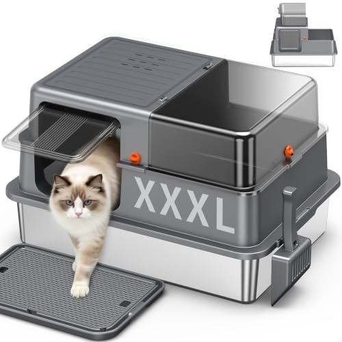 Edelstahl Katzentoilette XXXL Geschlossen 3-in-1, Dunkelgrau | Herausnehmbare Wanne, Halbtransparente Paneele, Hohe Seitenwände, Kratzfest, Geruchshemmend Für Große Katzen