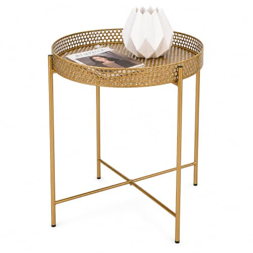 Gold Round Tray Side Table with Removable Metal Top | Modern Coffee Table | Bedside Table | Small Accent End Table | Sofa Side Table | Living Room Bedroom Balcony Metal Coffee Table (47 x 43 x 43 cm)