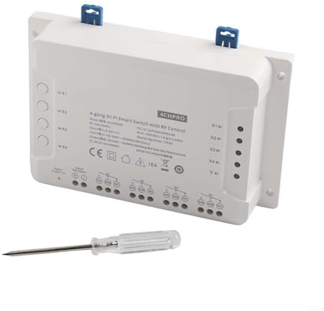 Intelligenter 4-Kanal WLAN-Schalter 4CH PRO R3 mit 433MHz RF-Fernbedienung, Sprachsteuerung und Timer-Funktion, 3 Arbeitsmodi für Smart Home Automatisierung, AC85-250V 30A Last, Weiß