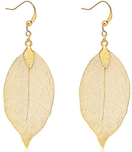 Gleamart Delicate Filigree Leaf Drop Earrings Lightweight Metal-plated Leaves Ear Studs Long Dangle Earrings Gold
