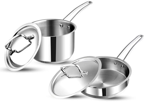 Vinod Stainless Steel Induction Friendly Classic Deluxe Combo Set of 2 Pcs - Saucepan (16 cm/2.1 litres) with Lid & Frypan (20 cm) with 2 Years Warranty - Silver