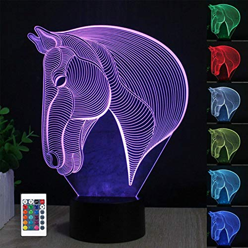Pferdekopf 3D Illusion Nachtlampe, für Jungen Mädchen Tisch Schreibtischlampe 7 Farbwechsel USB Powered Inneneinrichtung Acryl LED Kunstskulptur Lichter mit Fernbedienung - Perfekte Geschenke