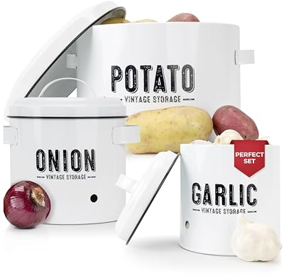 Granrosi Kartoffelaufbewahrung für Speisekammer, Knoblauchhalter für Theke, Kartoffel- und Zwiebelaufbewahrungsbehälter, Zwiebelbehälter, Kartoffelaufbewahrung, 3 Stück Zwiebelbehälter – Weiß
