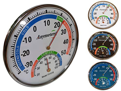 Termómetro con higrómetro analógico de temperatura y humedad para interior y exterior, 13 cm, indicador de temperatura de -30 hasta +50 °C, color blanco, azul y negro