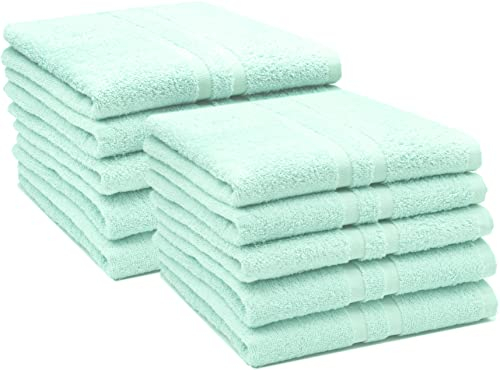 ZOLLNER 10er Set Handtücher in 50x100 cm - Flauschige Duschtücher aus Baumwolle - mit moderner Streifenbordüre - bis 60°C waschbar - mit praktischem Aufhänger - in Mint - Hotelqualität