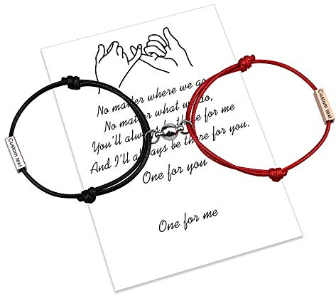 uwows Anpassen Attraktionsseil Geflochtene 2-teilige Armbänder mit Magnetglocken 4 Seiten Graviert Perfektes Schmuckgeschenk für Paare, Familien, Schwestern, Bestfriends (Black and Red)