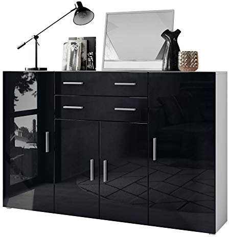 Vladon Highboard Aron Anrichte mit 2 Schubladen und 4 Türen mit insgesamt 8 Fächer dahinter, Weiß matt/Schwarz Hochglanz (166,5 x 106,5 x 35 cm)