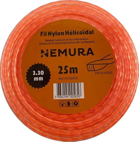Nemura Fil Débroussailleuse Hélicoïdal Silencieux L: 25 m, Ø: 3,30 mm - Compatible avec d'autres marques - Haute Durabilité - Pièces Détachées de Qualité Professionnelle - Marque Française