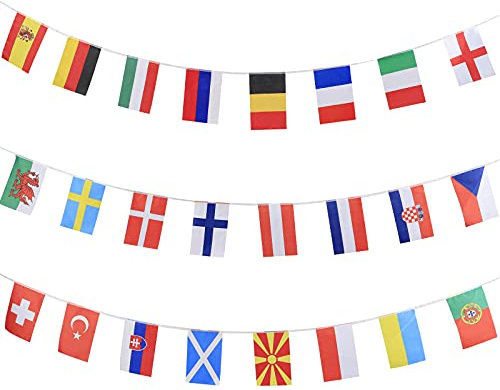 European Football Championship EURO 2021 Bunting Flags Fabric, European Cup 2021 Flags Bunting for Top 24, Football Bunting, String Flag for Garden, Bar, Restaurant and Party Decoration