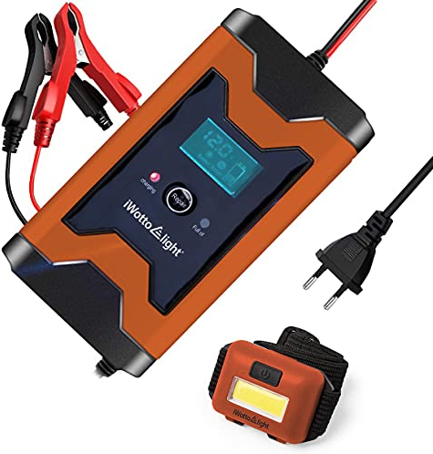 iWotto E light Auto- oder Motorrad-Batterieladegerät 6A 12V - Vollautomatisch mit intelligenter Digitalanzeige - Mehrfacher Schutz für Auto- Motorrad, Boots, Quad, Wohnwagen, Wohnmobil, Batterien