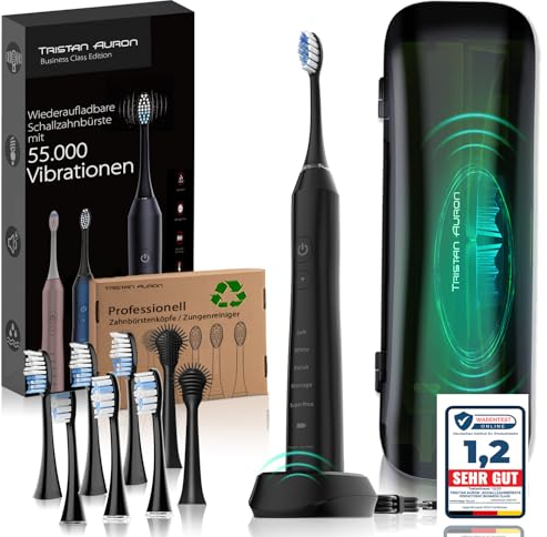 Tristan Auron Schallzahnbürste - 55.000 Schwingungen - 5 Modi - 60 Tage Akku + inkl. Etui mit UV Desinfektion + 6 Ersatzbürste und 2 Zungenreiniger - Business Class in schwarz