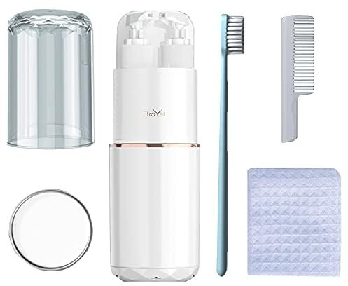 Tragbares 7-in-1 Luxus-Etui für Toilettenartikel, Zahnbürstenabdeckung, Reise-Set – enthält 2 Unterflaschen, 1 Mundbecher, 1 Zahnbürste, 1 Handtuch, 1 Kamm, 1 Spiegel, Weiß, 210*68mm,