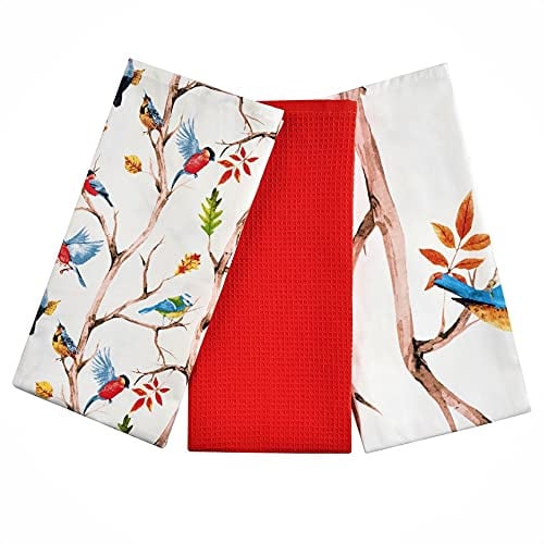 SiXsigma Sports Pack of 3 Tea Towels For Kitchen - Premium Cotton Decorative Kitchen Towel Linen for Cooking, BBQ, Baking & Dish Drying - Ideal For Women & Men (Spring Birds)