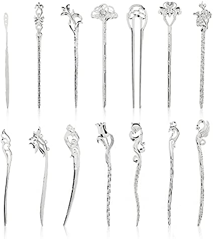 14 Pack Retro Chinese Japanese Silver Metal Hair Sticks Pins Picks Long Straight Decorative Bun Hair Fork Hairpins Chopsticks Clips Barrettes for Women Girls Adults
