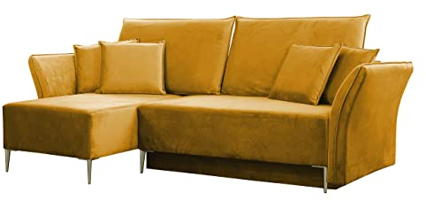 Ecksofa Mokoli mit Schlaffunktion 140x200 und Bettkasten, Ottomane Universal, Eckcouch, L-Form Couch mit Bettfunktion, Polsterecke, Wohnlandschaft (Füße: Gold, Tiffany 08)