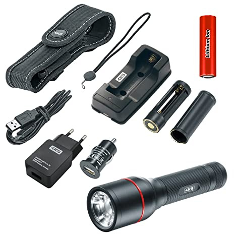 4K5 Taschenlampe PL 1000 LED-Arbeitslampe | 1000 lm, 4 Leuchtmodi, 275 m Reichweite, spritzwassergeschützt IP X4, Li-Ion Akku inkl. Holster & Handschlaufe