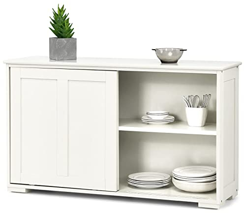 GIANTEX Buffet Cuisine Rangement, 2 Portes Coulissantes, Étagère Réglable, Armoire Cuisine 2 Compartimens, Buffet Salon Bas pour Salle à Manger, Cuisine, Salon, 106,5 x 33 x 60 cm (Blanc crème)