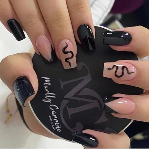 Brishow Kurz Künstliche Nägel zum Aufkleben Press on Nails mit Schwarze Schlange French Rosa Falsche Nägel 24 Stück für Frauen und Mädchen