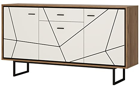 Lomadox Sideboard Beistellschrank Anrichte Wohnzimmer (167x90,5x40 cm) in Catania Eiche Nb. mit schwarz und weiß Hochglanz Kufengestell