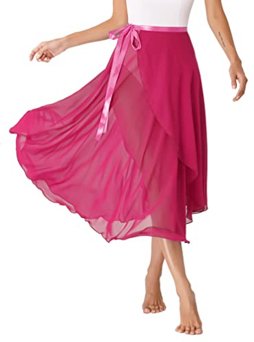 YiZYiF Womens Chiffon Sheer Ballet Dance Skirt Lyrical Modern Flowy Dance Dress Contemporary Dance Long Skirt Hot Pink One Size