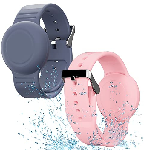 Waterproof Bracelet Compatible with Airtag (1st & 2nd Gen) for Kid, 2 Pack Soft Silicone Hidden Wristband, Lightweight Tracker Watch Band Compatible with Apple Air Tag for Child, Grey Blue & Pink