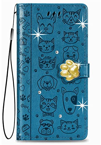 Luxus Glitzer Schutzhülle für Samsung S23 Ultra,Glänzende Glitzer 3D Schnalle Strass Hülle Flip Cover Handyhülle mit Kartenfächern,Geprägtes Katzen Hunde Lederetui für Galaxy S23 Ultra - Blau